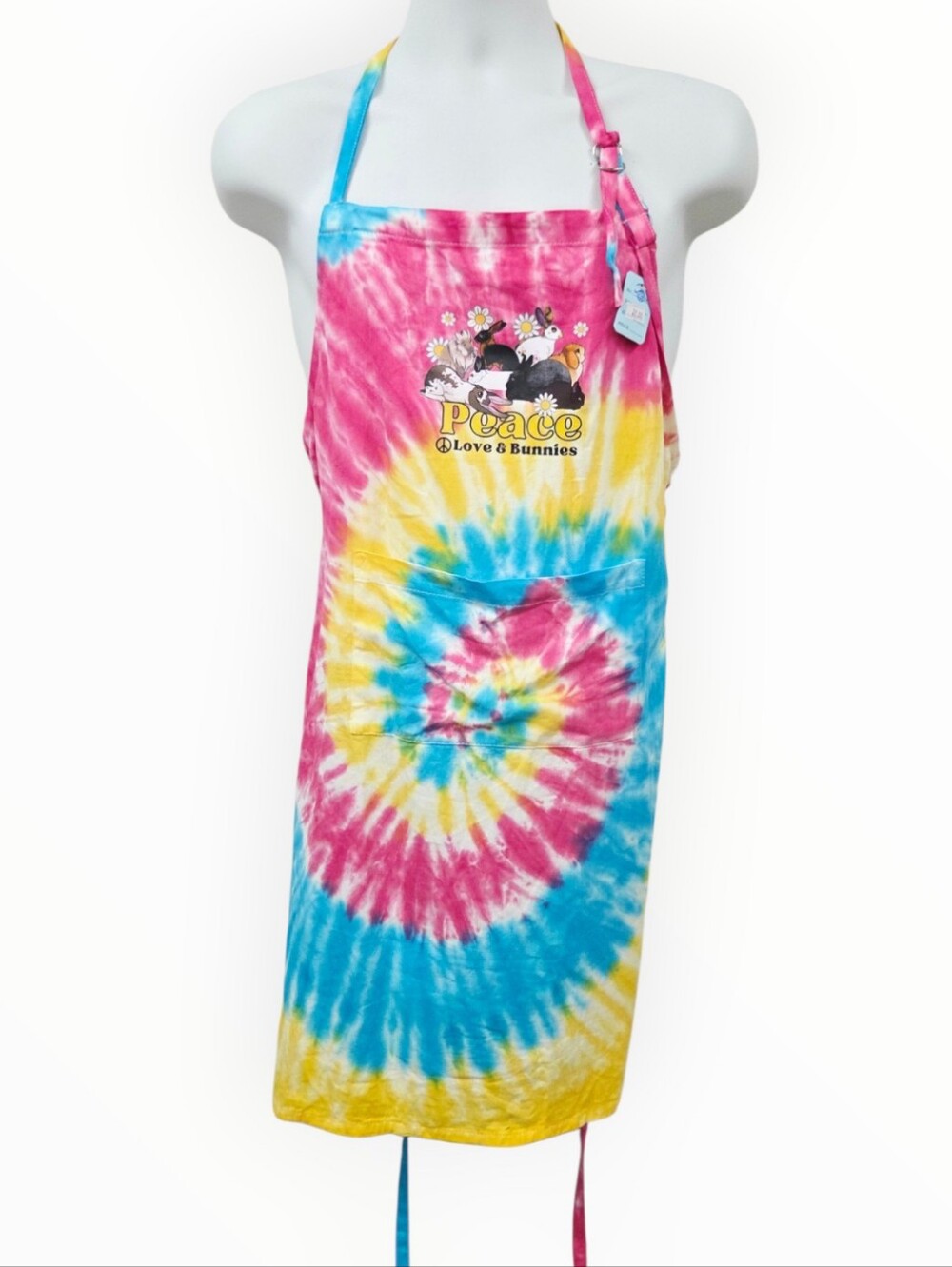 Tie-Dye Apron with Bunny Peace Graphic - Pink, Yellow & Blue